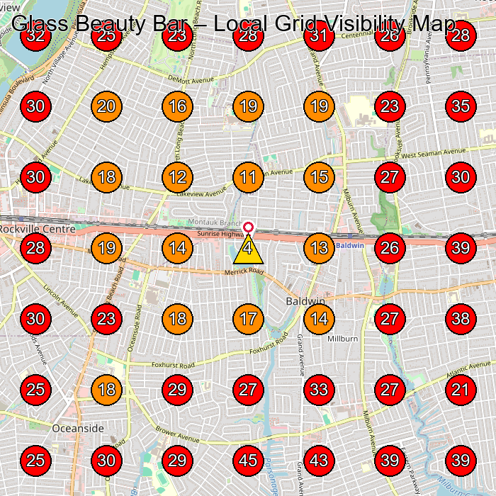 Glass Beauty Bar GeoGrid visibility map for Hair Salon in Rockville Centre